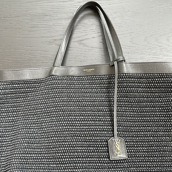Saint Laurent Patti Large Leather-trimmed Black Raffia/Leather Tote - Picture 3 of 12